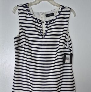 Ellen Tracy Navy and White Striped Top with Jewel Accents